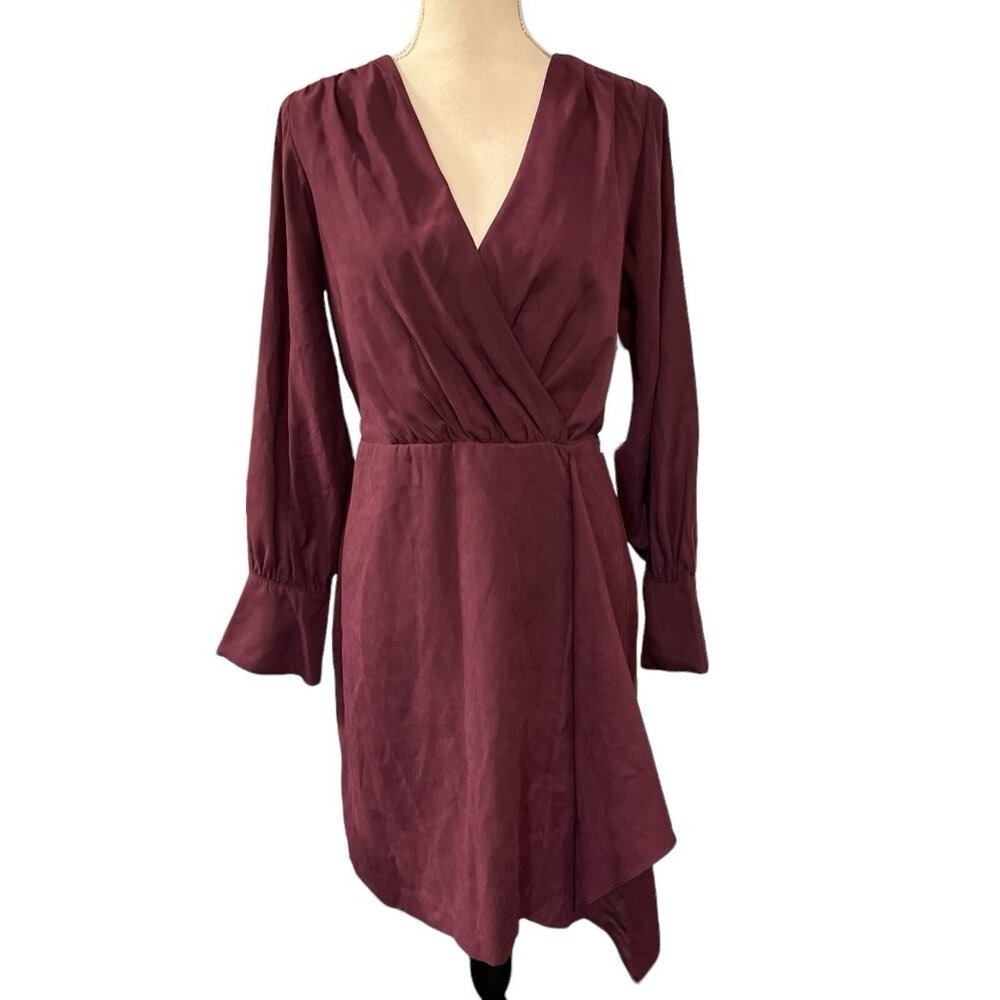 Julia Jordan Cabernet Faux Suede Wrap Dress Long Sleeve Burgundy Womens 8 Office